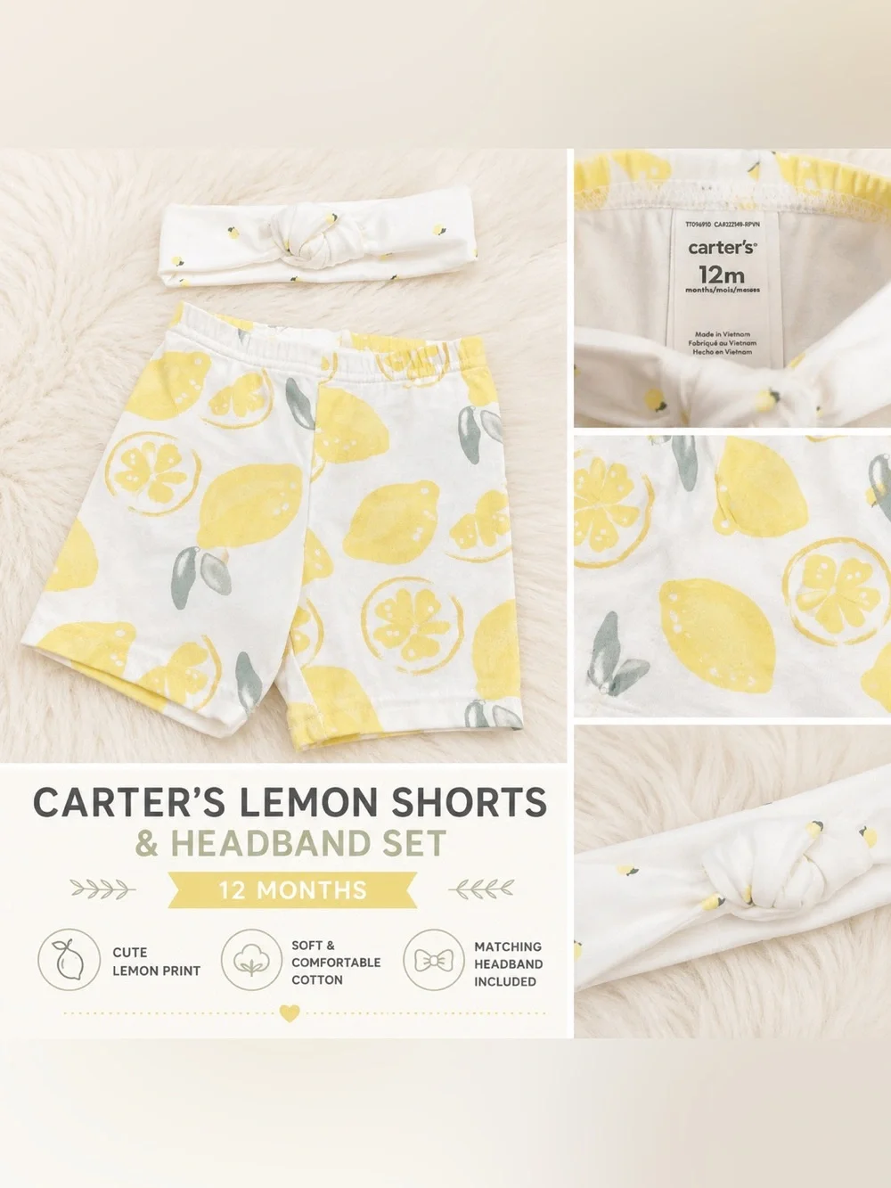 Carter’s Baby Girl Lemon Print Shorts & Headband Set – 12 Months